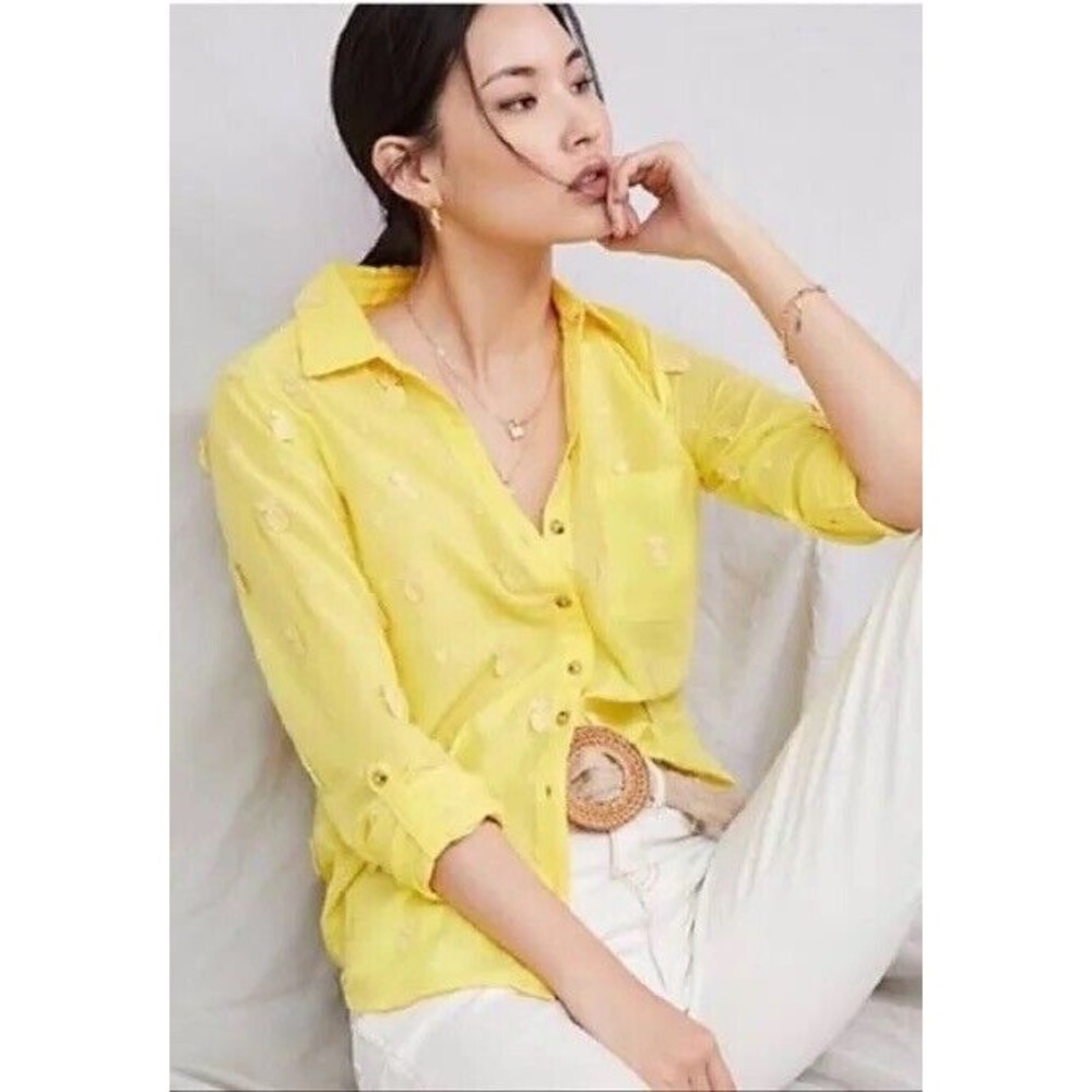 Maeve By Anthropologie Blouse Women 4 Yellow Pineapple Embroidered Cotton Voile - Picture 3 of 10